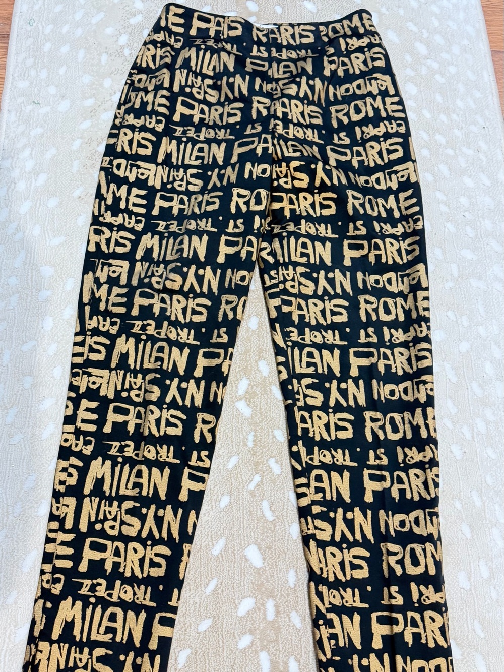 Black & Gold City-Print Straight Leg Pants
